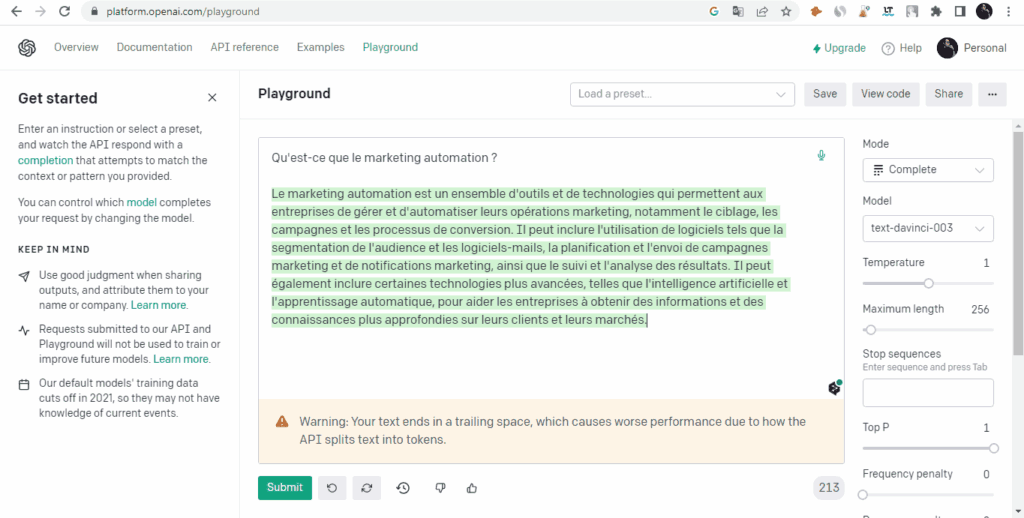 image 2 1 OpenAI Playground est un outil relativement similaire à ChatGPT.