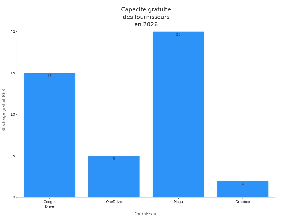 Graphique en barres comparant la capacité de stockage gratuite des principaux fournisseurs des meilleures adresses email gratuites